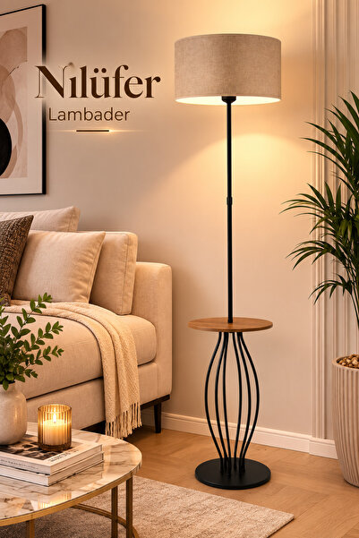 ANGDESİGN Nisa Luce SEHPALI NİLÜFER Metal Lambader -Siyah Metal gövde/ Kahve ...