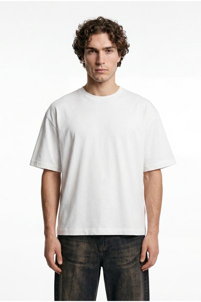 Machinist Men's Basic Cotton Crop Oversize T-Shirt Ecru