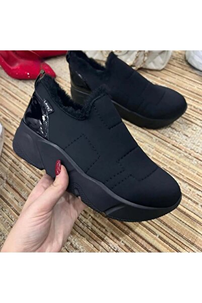 layki Lussi Black Colored Parachute Fabric Winter Women's Sports Shoes with Fur Inside