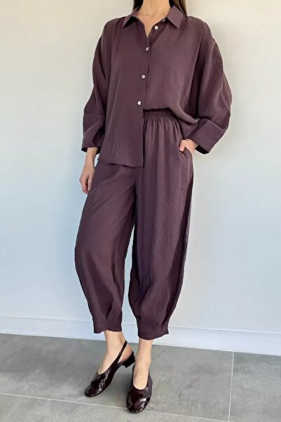 Suziş KADIN MÜRDÜM RENK OVERSİZE GÖMLEK ŞALVAR PANTOLON PANTOLON TAKIM 50957