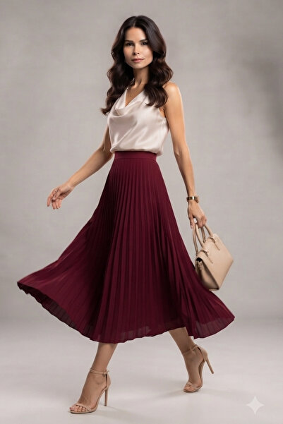 Moda Mistik Valora Midi Etek Piliseli Kumaş Bordo