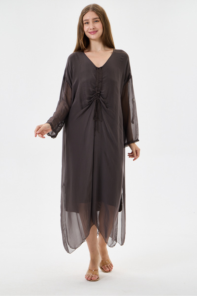 della moor Italian Brown Collar Gathered Folded Long Sleeve Lined Long Silk D...