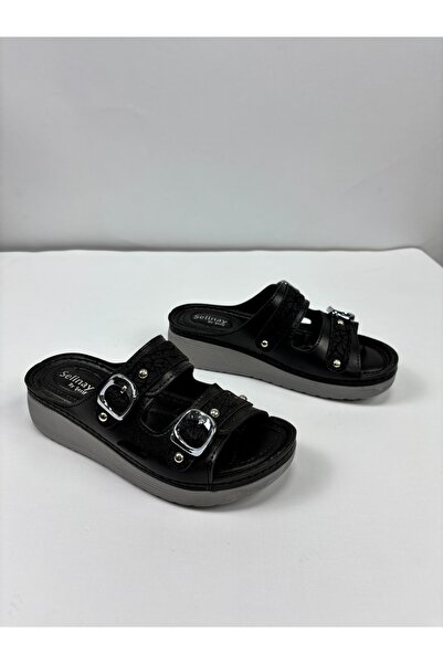 Nubbock Sim Embroidered Double-Strapped Black Orthopedic Daily Slippers Nk2090