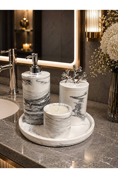 BeeCandleHome Beyaz ve Füme Mermer Desenli 5 Parça El Yapımı Özel Tasarım Lük...