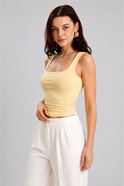 glanour Women's Yellow Ultra Premium 95% Cotton Square Neck Strap Blouse