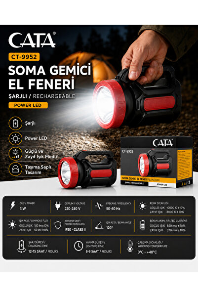 Cata CT-9952 Soma Gemici Şarjlı El Feneri 3W Power LED Güçlü ve Zayıf Işık Modlu