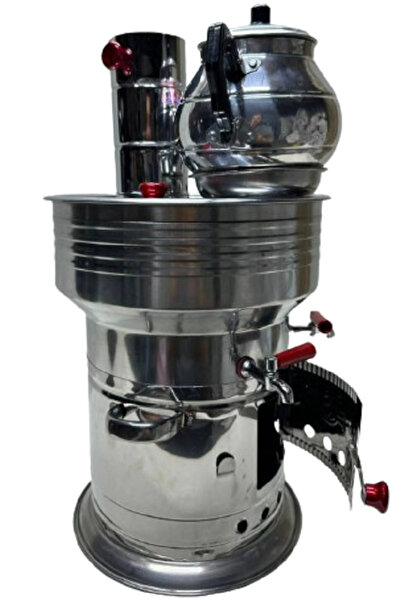 sobapark 10 Litre Paslanmaz Metal Odunlu Kömürlü Çay Semaveri Büyük Çift Musluklu DEMLİK HEDİYELİ Semaver 10