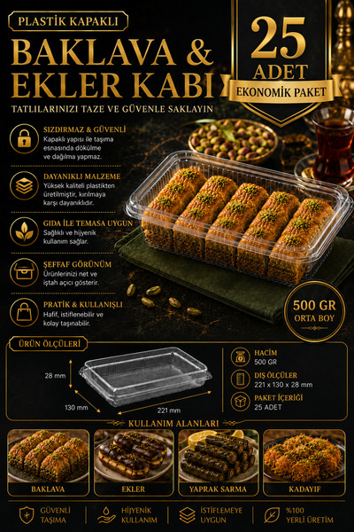 Ambalaj Evi Kapaklı Baklava Kabı Sızdırmaz Baklava Kasesi 500 Gr 25 Adet