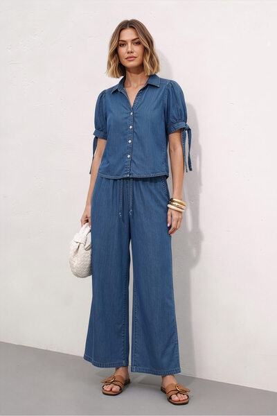 blue white Women's Blue Tencel Fabric Thin Comfortable Two-Piece Set