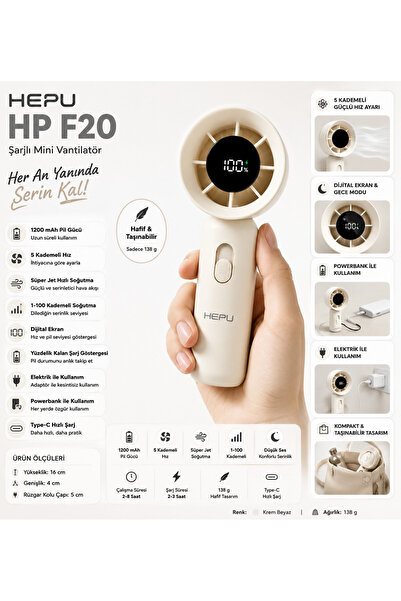 HEPU HP-F20 El Tipi Yüksek Hızlı Fan | Dijital Göstergeli | Sessiz | 5V 2A | ...