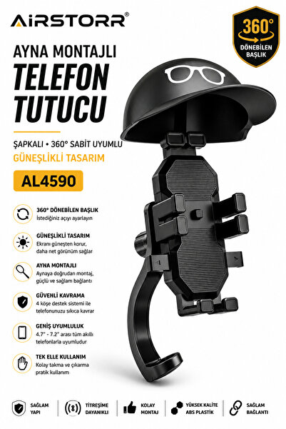 Aırstorr Ayna Montajlı Şapkalı Motosiklet Telefon Tutucu 360° Sabit Scooter U...