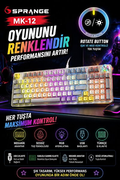SPRANGE Mekanik Hisli Gaming Blue Switch Türkçe Q 9 Farklı Rgb Işıklı Beyaz O...