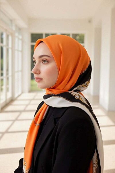 Vissona %100 Saf İpek Şal İnce Saten Vual Dokuma Geometrik Desenli Siyah - Tu...