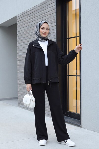 Modamorfo Beli Lace-Up Elastic Sleeves, Front Zipper, Parachute Detail Combed...