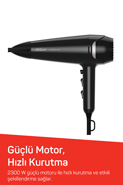 Arzum AR5138 Hairstar Ion Saç Kurutma Makinesi 2300 W, 2 Hız, 3 Isı Ayarı, Siyah