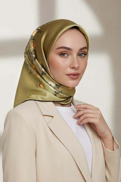 Vissona %100 Twill İpek Sonsuz Çiçek Desenli Yağ Yeşili Renkli 90x90 Eşarp Di...