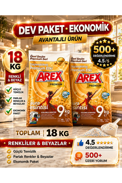 AREX "büyük Ekonomi Paketi ; Premium 18 Kg Toz Çamaşır Deterjanı, Renkli & Be...