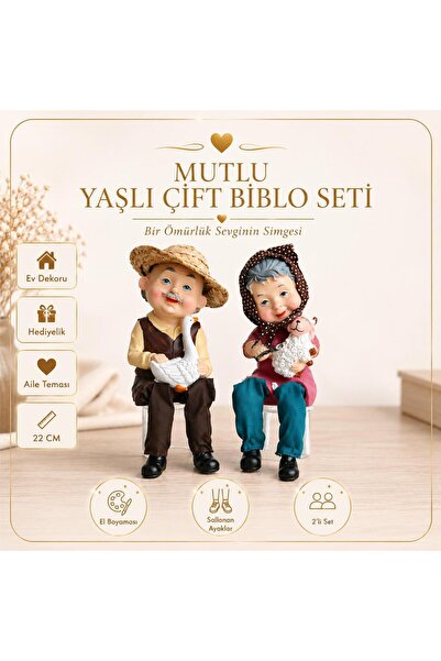 e-life shop Ayakları Sallanan Yaşlı Çift Biblo 2'li Set 22 CM Dekoratif Ev He...