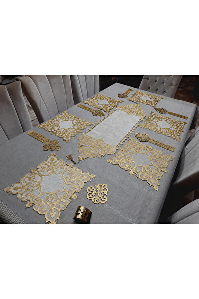 SEHARA 1 Runner(99X32)/6 A.Serving Utensils/6 B.Placemats/6 Spoon Holders/19 Pieces/Velvet Food Presentation Set/For 6 People