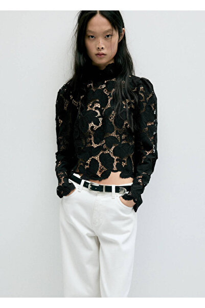 MANGO Woman Guipure lace blouse with a mao collar