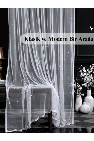 MAGİZA Tulle Curtain Polka Dotted White Non-Pleated Gathered Extrafoam Non-Ironable for Living Room, Kitchen, Balcony and Children's Room