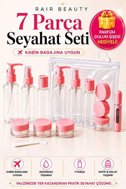 RAİR BEAUTY 7 Parça Seyahat Seti Şeffaf Çantalı Sızdırmaz Kozmetik Dolum Şişe...