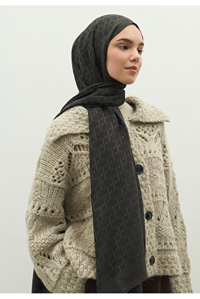 Freshscarfs Monogram Pamuk Floş Jakarlı Şal Kömür