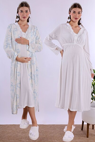 ByLohusa Floral Patterned Dressing Gown Maternity Nightgown Set Effortt - Blu...