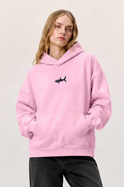 The Champ Clothing Hooded Fleece Shark Printed Pink Oversize Hoodie Sweatshirt