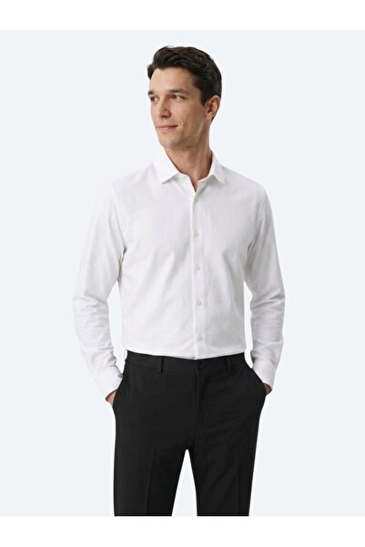 Kip White Plain Regular Fit Long Woven Casual Cotton Blend Shirt