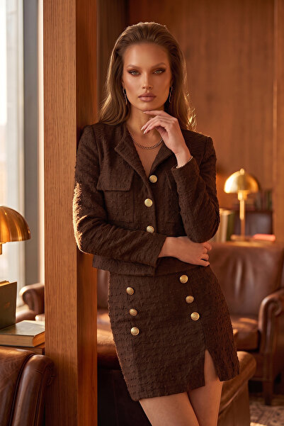 Purpleclo Women's Brown Gold Buttoned Textured Tweed Double Suit - Jacket and...