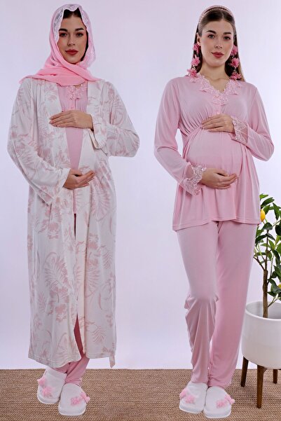 ByLohusa Pembe Tesettürlü Sabahlıklı Hamile Lohusa Pijama Takımı Effortt