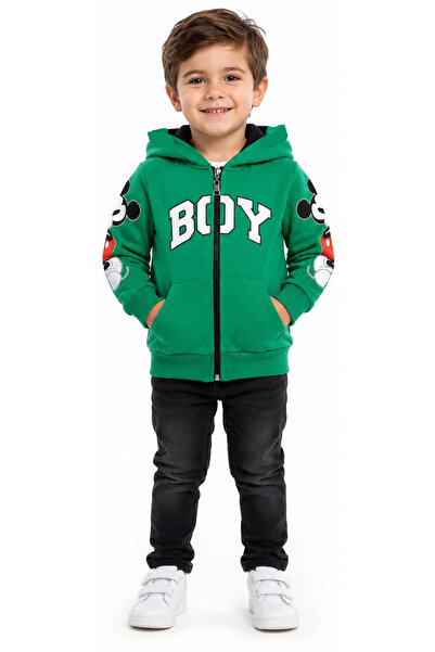 İrem Çocuk Giyim Boy's Green Cardigan with Printed Hood, Ears and Sleeves