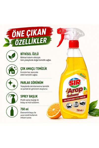 Sır Sıvı Arap Sabunu Sprey Tüm Yüzeylerde Pratik Doğal Temizlik 750 ML