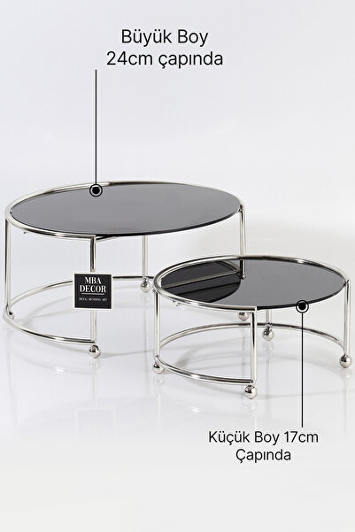 mba decor metal bending art Yuvarlak Ikili Gümüş Siyah Kahve Yanı Sunumluk Hediyelik Dekorasyon Ikramlık Organizer Mdf Ahşap 26