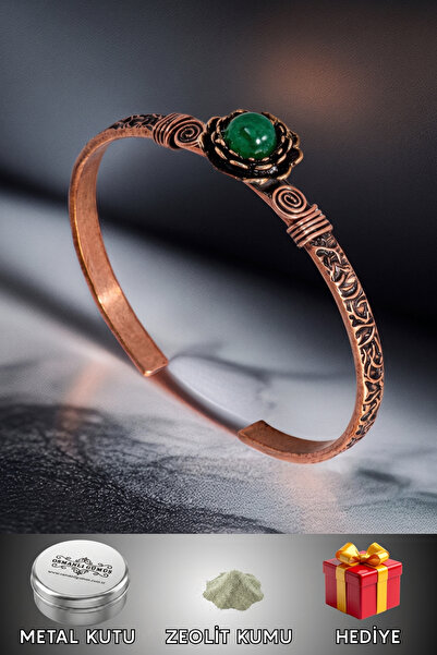 OSMANLI GÜMÜŞ Women's Copper Bracelet - Green Agate Stone Tree Bark Model Thi...