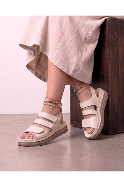 DR KLOMPA Women's Velcro Sandals Soft Anatomical Sole Daily Use Summer Beige ...