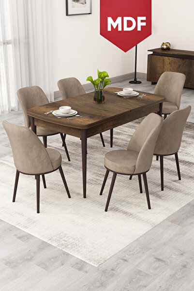 Canisa Rax Serisi Açılabilir MDF 80x132 Barok Ahşap Desen Mutfak Masası Takım...