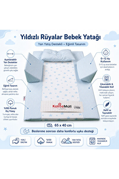 KaliteMall Yıldızlı Rüyalar Bebek Yatağı – Yan Yatış Destekli Eğimli Yastık –...