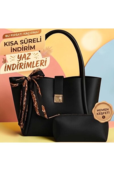 ROYAL LADYS Büyük Boy Çanta Gold Detaylı + Hediye Fular