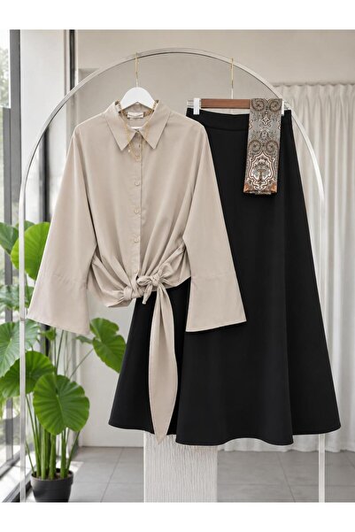 MODA VEDAT Women's Tie-Detail Shirt - Puff Scuba Skirt Set -0490 (Excluding S...