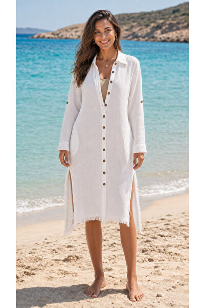 Stilol Cotton Textured Tassel Detailed Beach Shirt White 100%