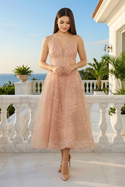 FaBe Fashion İP ASKILI KALP YAKA  GLİTTER BASKILI  MİDİ MEZUNİYET- NİŞAN SÖZ ...