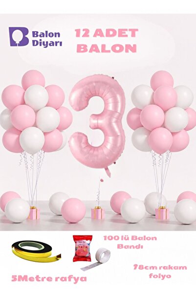 BALON DİYARI 3-Year-Old Pink Birthday Balloon Set 78cm Balloon Includes Ballo...