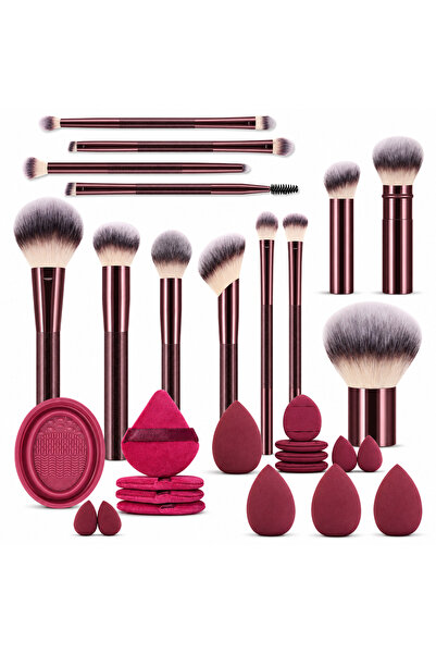 Arabest 20Pcs Makeup Tool Set with Burgundy Brushes, Beauty Sponges, Powder P...