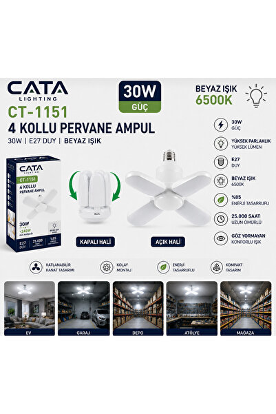 sepetra Cata CT-1151 30 Watt Pervane LED Ampul E27 BEYAZ 4 Kanatlı Katlanır G...