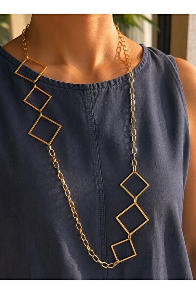 Parla Takı Studio Geometric Square Ring Long Necklace I Moden Minimal Steel W...