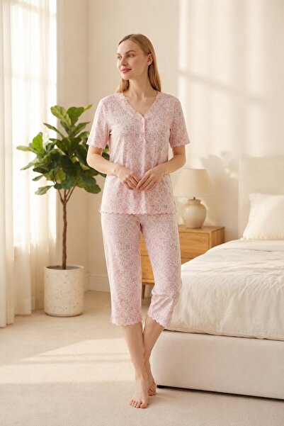 Evia Angelique Bamboo Fabric Short Sleeve Women's Capri Suit with Lace and Ru...