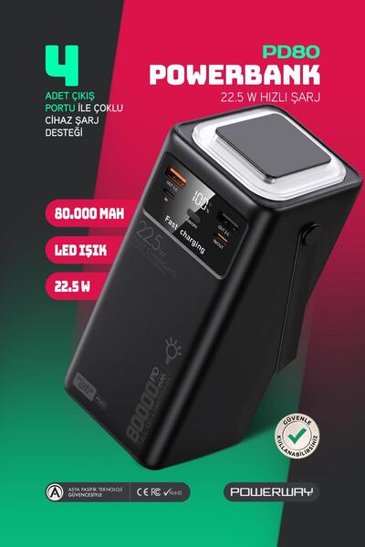 POWERWAY 80.000 mAh PD 22.5W Hızlı Şarj Dahili Kablolu Kamp Taşınabilir Güç K...