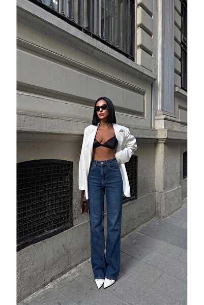 HLT JEANS بنطلون جينز نسائي واسع الساق باللون الأزرق الداكن عالي الخصر من نوع...